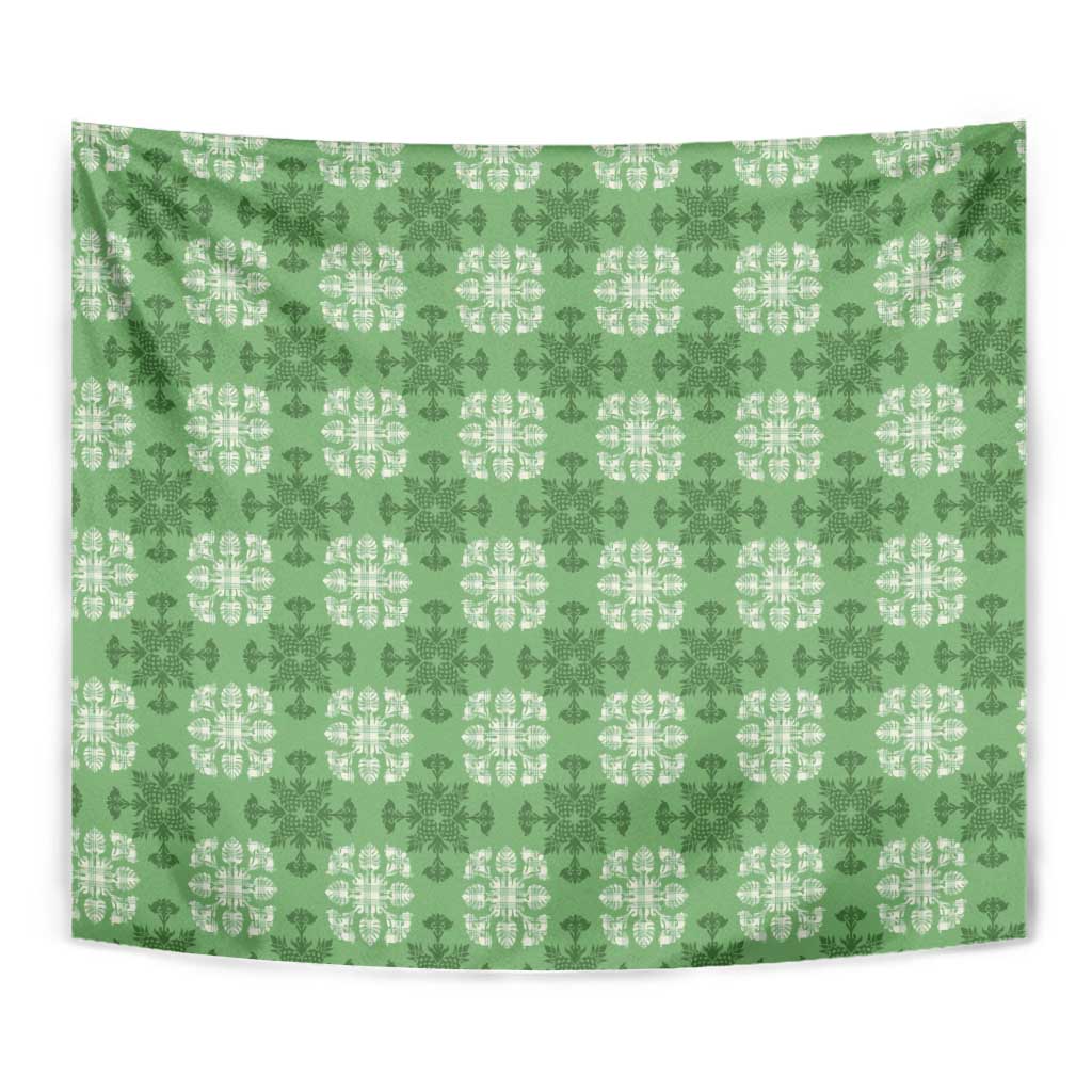 Green Hawaiian Quilt Tapestry Hawaii Pineapple Monstera Palaka Motifs - Polynesian Pride
