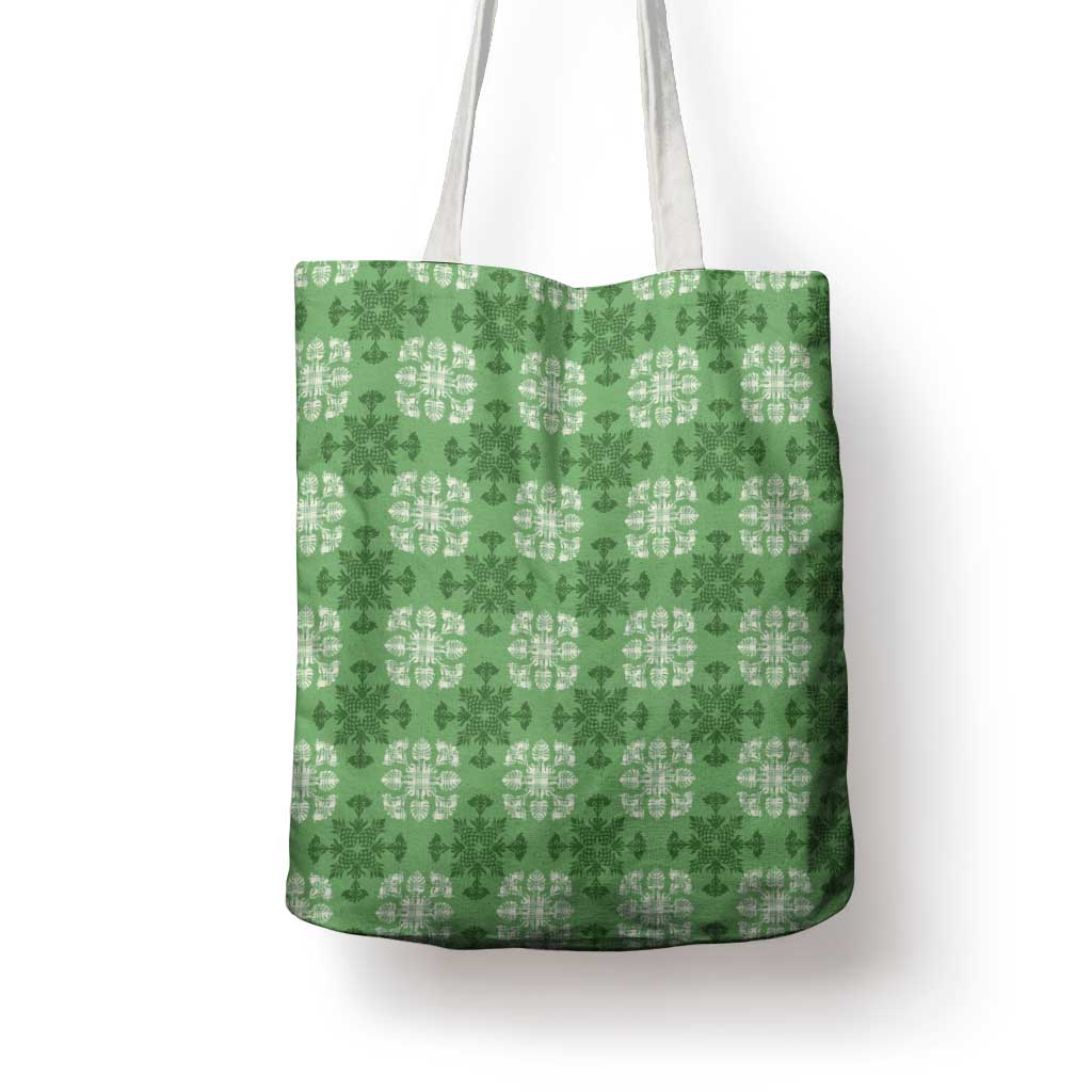 Green Hawaiian Quilt Tote Bag Hawaii Pineapple Monstera Palaka Motifs - Polynesian Pride