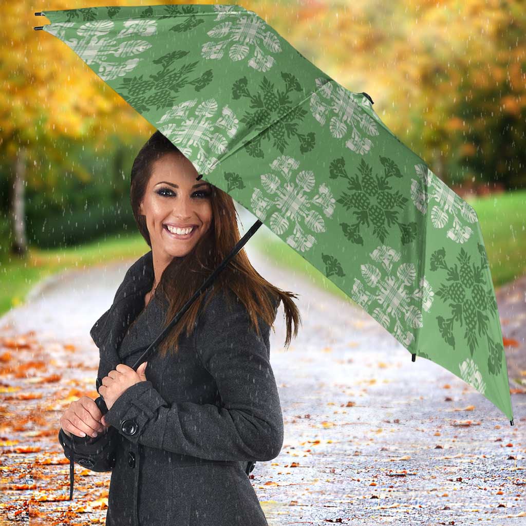 Green Hawaiian Quilt Umbrella Hawaii Pineapple Monstera Palaka Motifs - Polynesian Pride