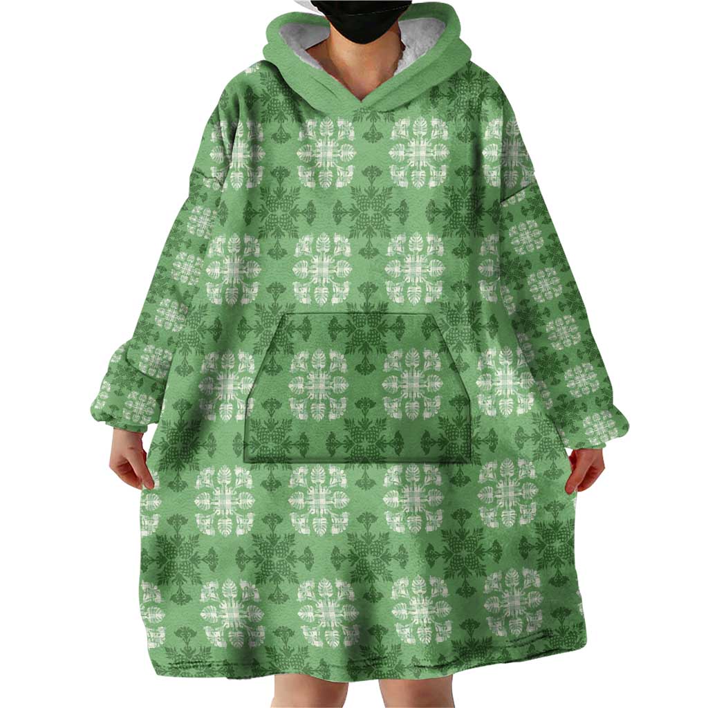 Green Hawaiian Quilt Wearable Blanket Hoodie Hawaii Pineapple Monstera Palaka Motifs - Polynesian Pride