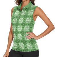 Green Hawaiian Quilt Women Sleeveless Polo Shirt Hawaii Pineapple Monstera Palaka Motifs - Polynesian Pride
