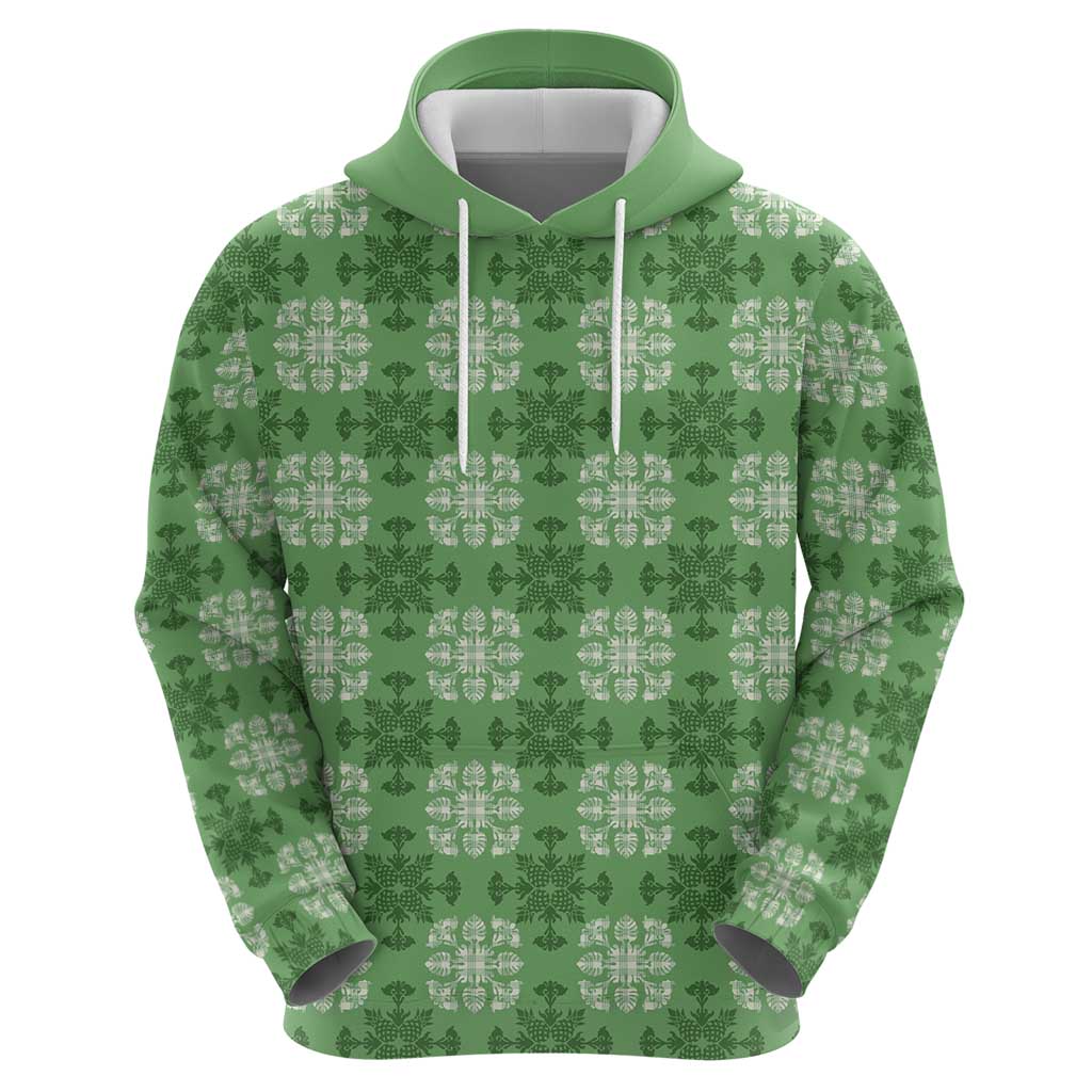 Green Hawaiian Quilt Zip Hoodie Hawaii Pineapple Monstera Palaka Motifs - Polynesian Pride