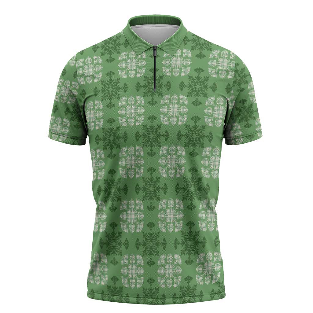 Green Hawaiian Quilt Zipper Polo Shirt Hawaii Pineapple Monstera Palaka Motifs - Polynesian Pride