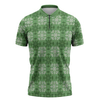 Green Hawaiian Quilt Zipper Polo Shirt Hawaii Pineapple Monstera Palaka Motifs - Polynesian Pride