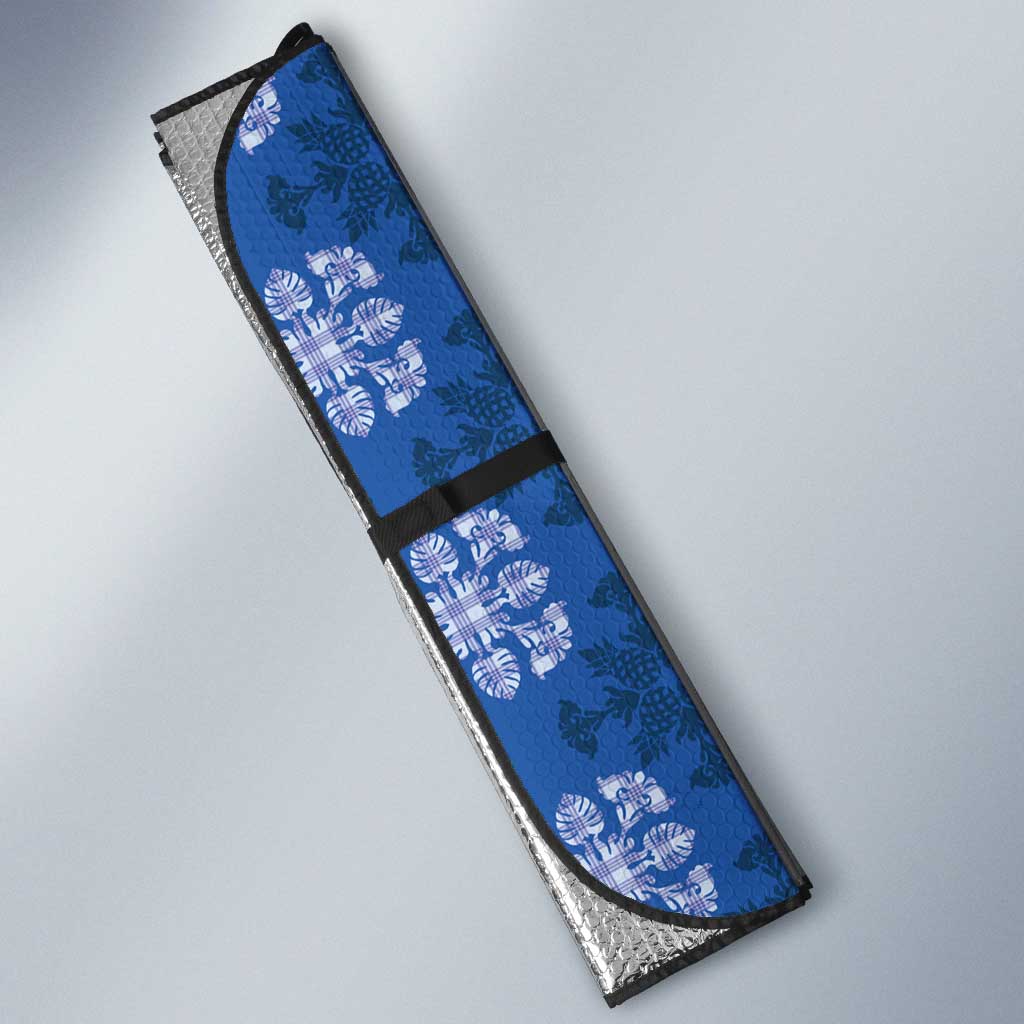 Royal Blue Hawaiian Quilt Auto Sun Shade Hawaii Pineapple Monstera Palaka Motifs - Polynesian Pride