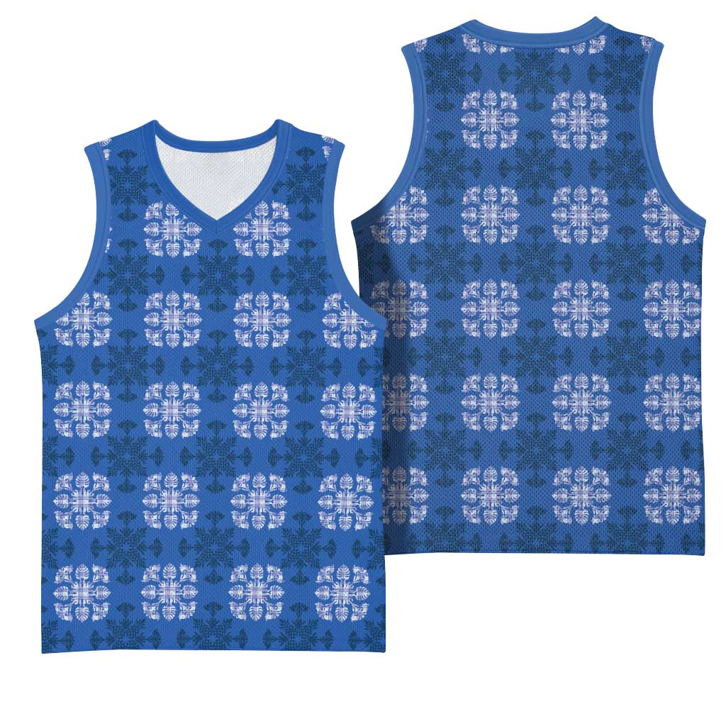 Royal Blue Hawaiian Quilt Basketball Jersey Hawaii Pineapple Monstera Palaka Motifs - Polynesian Pride