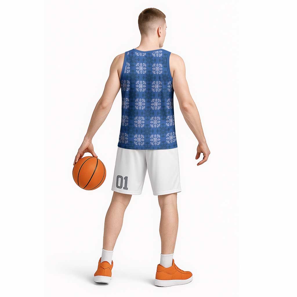 Royal Blue Hawaiian Quilt Basketball Jersey Hawaii Pineapple Monstera Palaka Motifs - Polynesian Pride