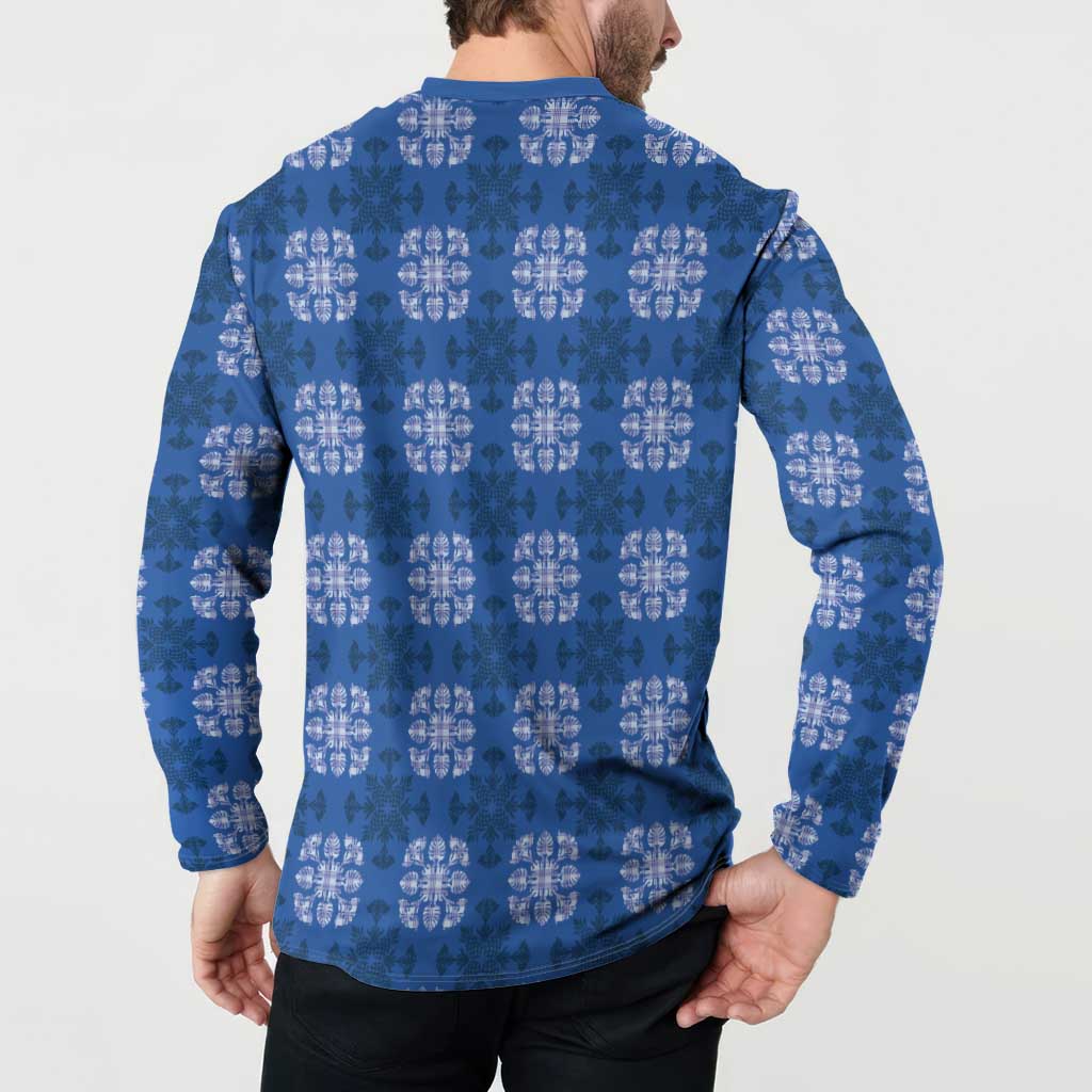 Royal Blue Hawaiian Quilt Button Sweatshirt Hawaii Pineapple Monstera Palaka Motifs - Polynesian Pride