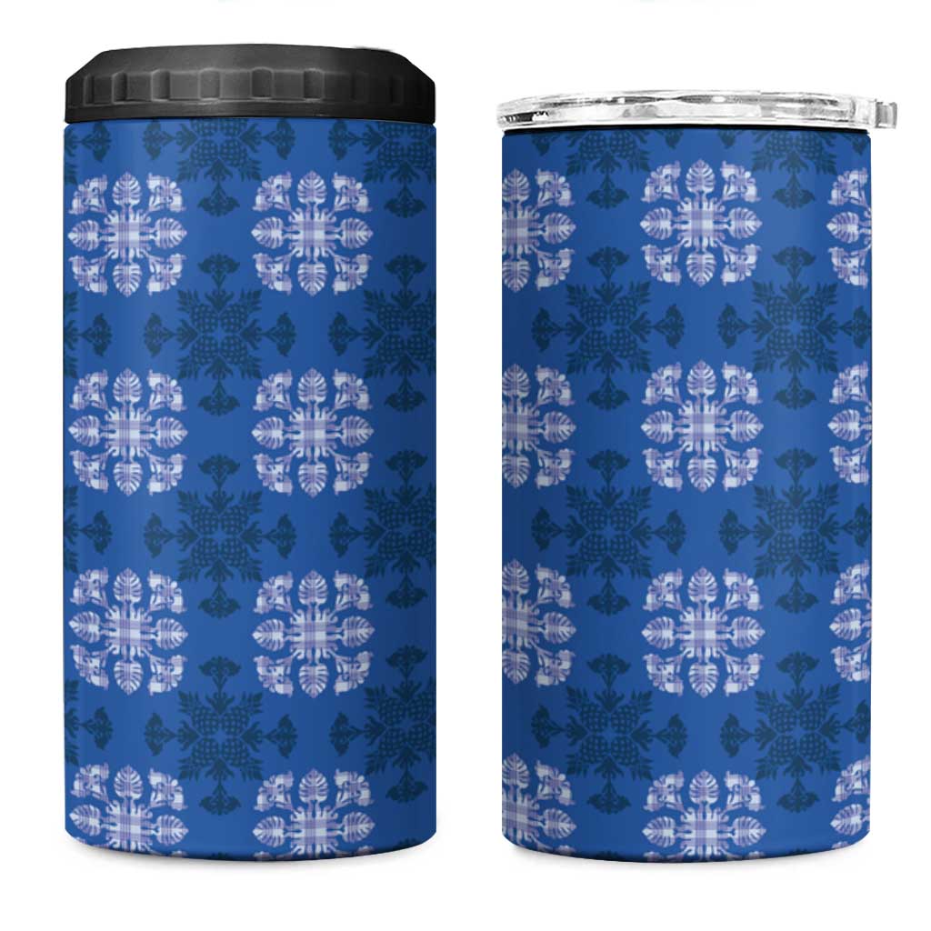 Royal Blue Hawaiian Quilt 4 in 1 Can Cooler Tumbler Hawaii Pineapple Monstera Palaka Motifs - Polynesian Pride