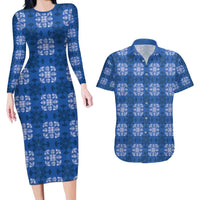 Royal Blue Hawaiian Quilt Couples Matching Long Sleeve Bodycon Dress and Hawaiian Shirt Hawaii Pineapple Monstera Palaka Motifs LT14 Royal Blue - Polynesian Pride