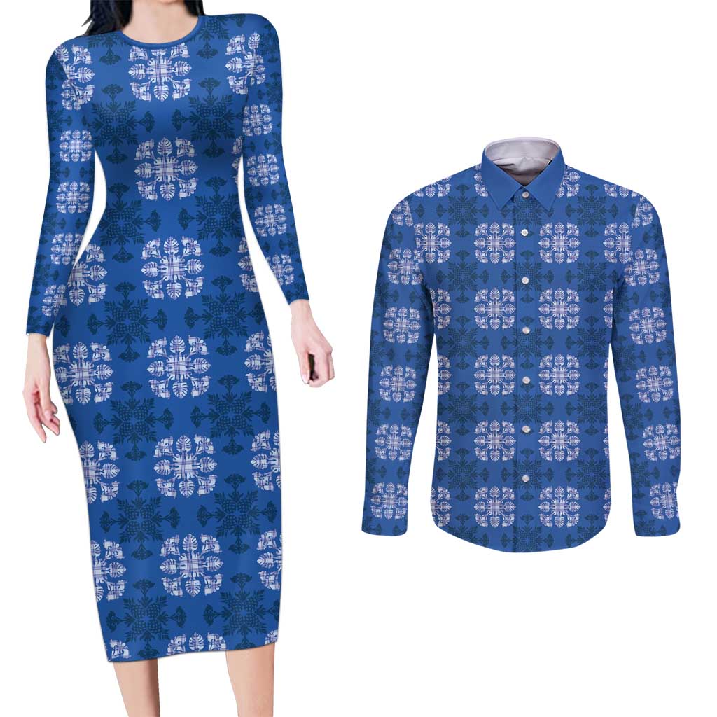 Royal Blue Hawaiian Quilt Couples Matching Long Sleeve Bodycon Dress and Long Sleeve Button Shirt Hawaii Pineapple Monstera Palaka Motifs LT14 Royal Blue - Polynesian Pride