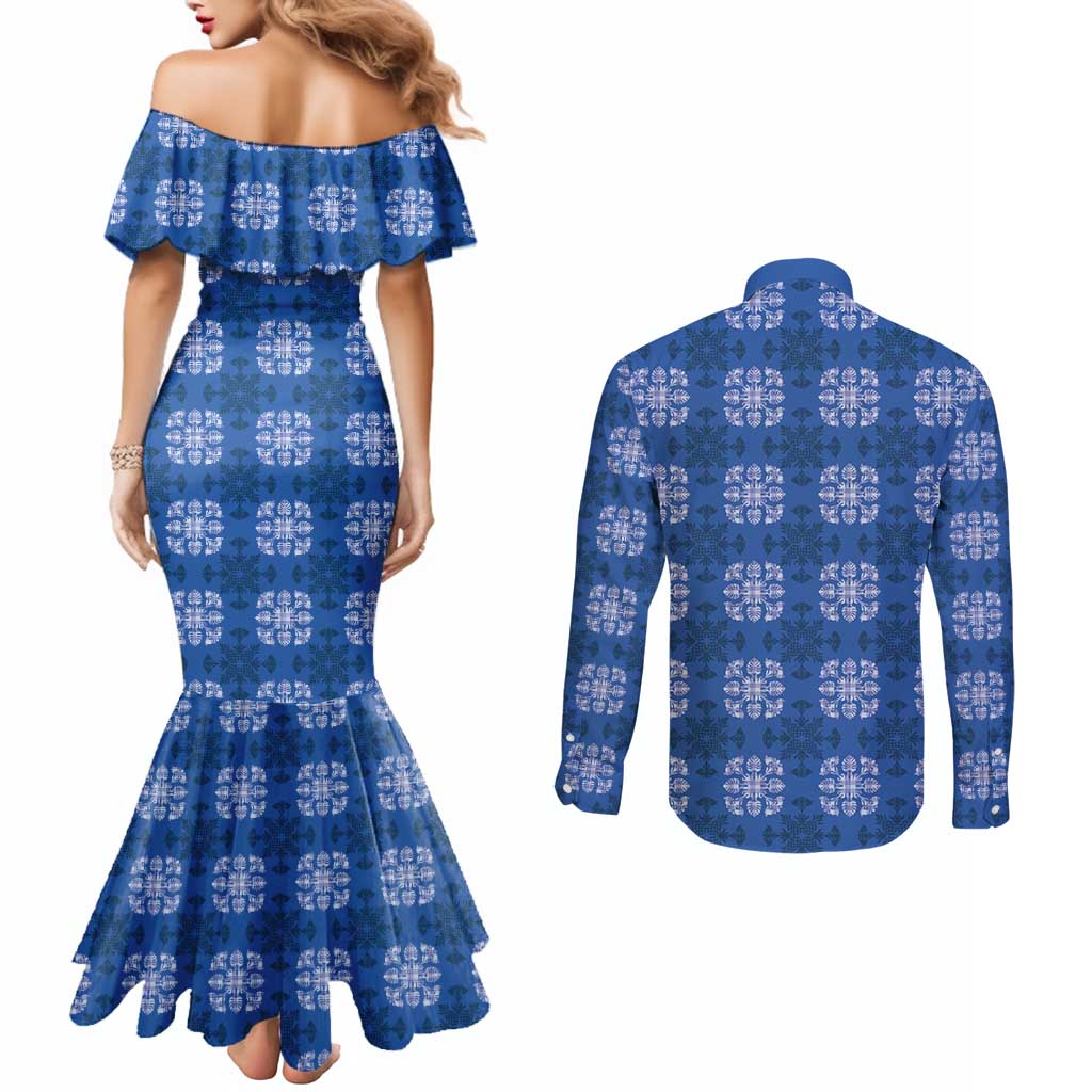 Royal Blue Hawaiian Quilt Couples Matching Mermaid Dress and Long Sleeve Button Shirt Hawaii Pineapple Monstera Palaka Motifs LT14 - Polynesian Pride