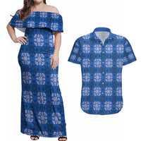 Royal Blue Hawaiian Quilt Couples Matching Off Shoulder Maxi Dress and Hawaiian Shirt Hawaii Pineapple Monstera Palaka Motifs LT14 Royal Blue - Polynesian Pride