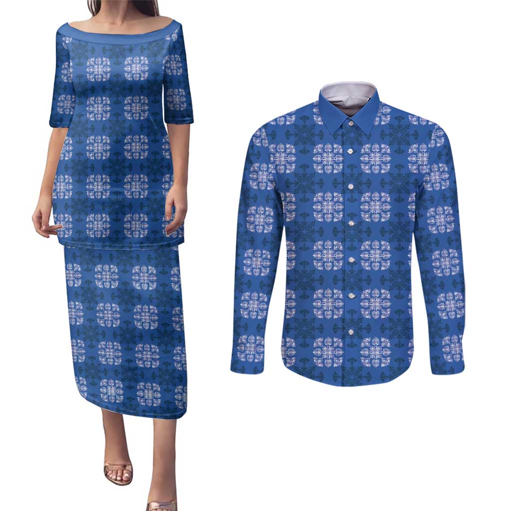 Royal Blue Hawaiian Quilt Couples Matching Puletasi and Long Sleeve Button Shirt Hawaii Pineapple Monstera Palaka Motifs - Polynesian Pride