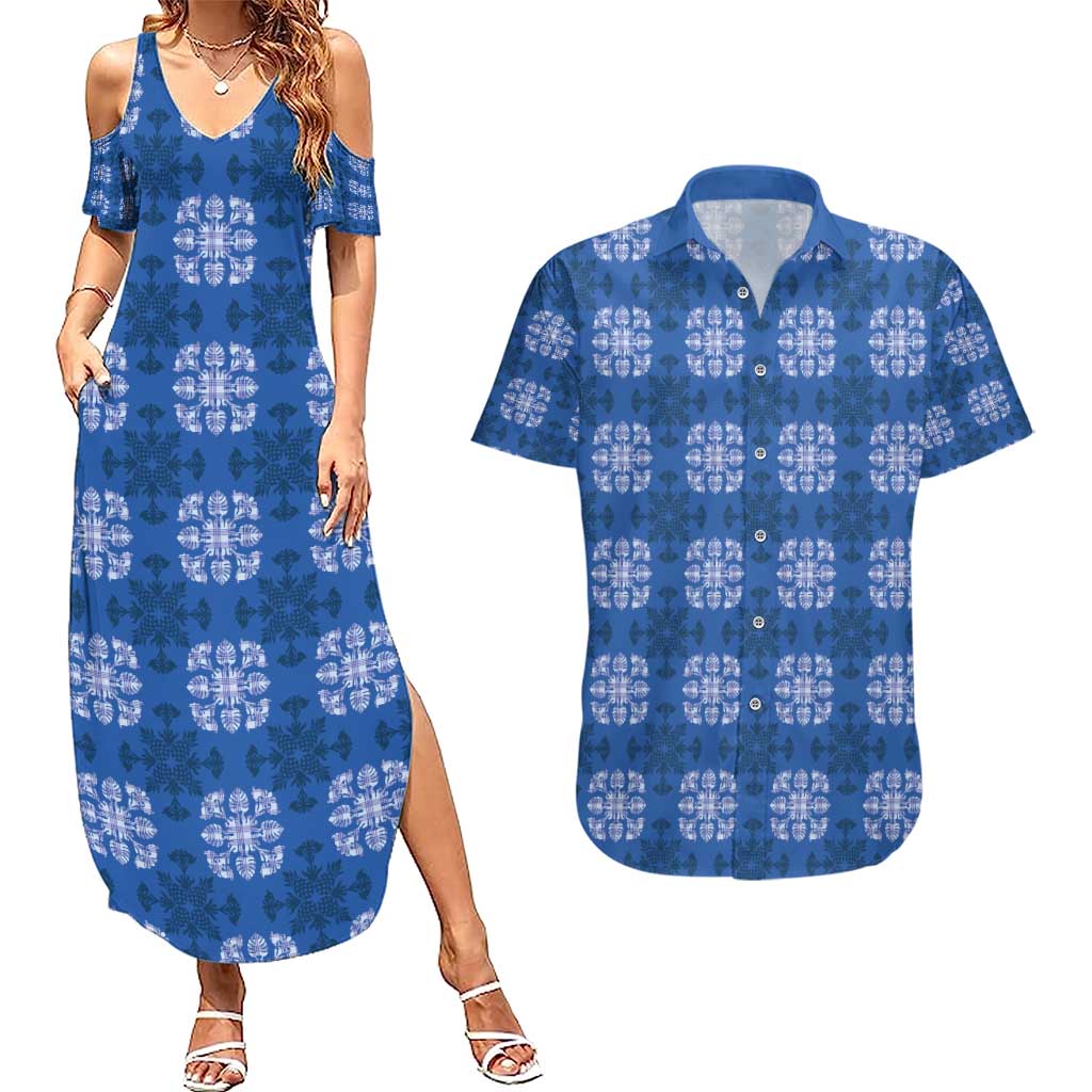 Royal Blue Hawaiian Quilt Couples Matching Summer Maxi Dress and Hawaiian Shirt Hawaii Pineapple Monstera Palaka Motifs LT14 Royal Blue - Polynesian Pride