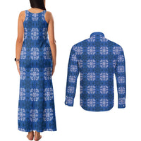 Royal Blue Hawaiian Quilt Couples Matching Tank Maxi Dress and Long Sleeve Button Shirt Hawaii Pineapple Monstera Palaka Motifs LT14 - Polynesian Pride