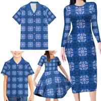 Royal Blue Hawaiian Quilt Family Matching Long Sleeve Bodycon Dress and Hawaiian Shirt Hawaii Pineapple Monstera Palaka Motifs - Polynesian Pride