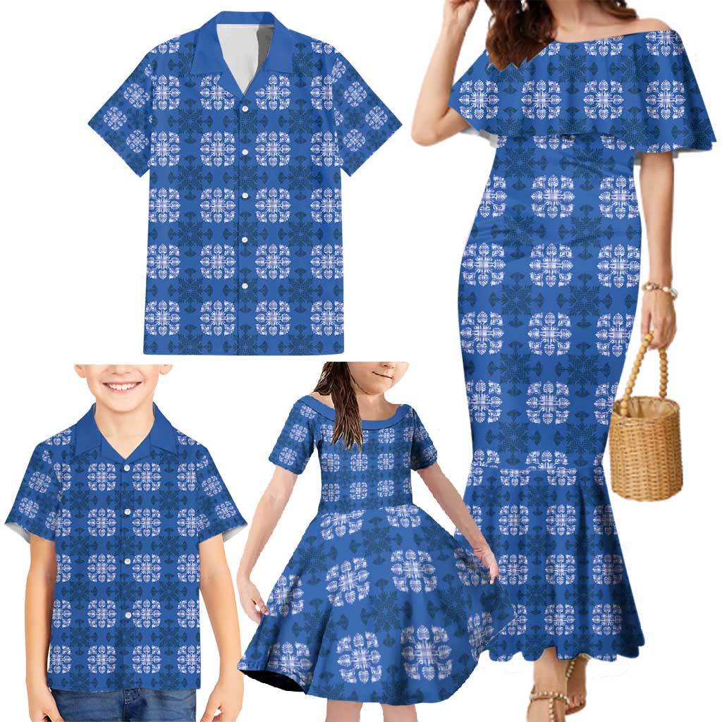 Royal Blue Hawaiian Quilt Family Matching Mermaid Dress and Hawaiian Shirt Hawaii Pineapple Monstera Palaka Motifs - Polynesian Pride
