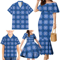 Royal Blue Hawaiian Quilt Family Matching Mermaid Dress and Hawaiian Shirt Hawaii Pineapple Monstera Palaka Motifs - Polynesian Pride