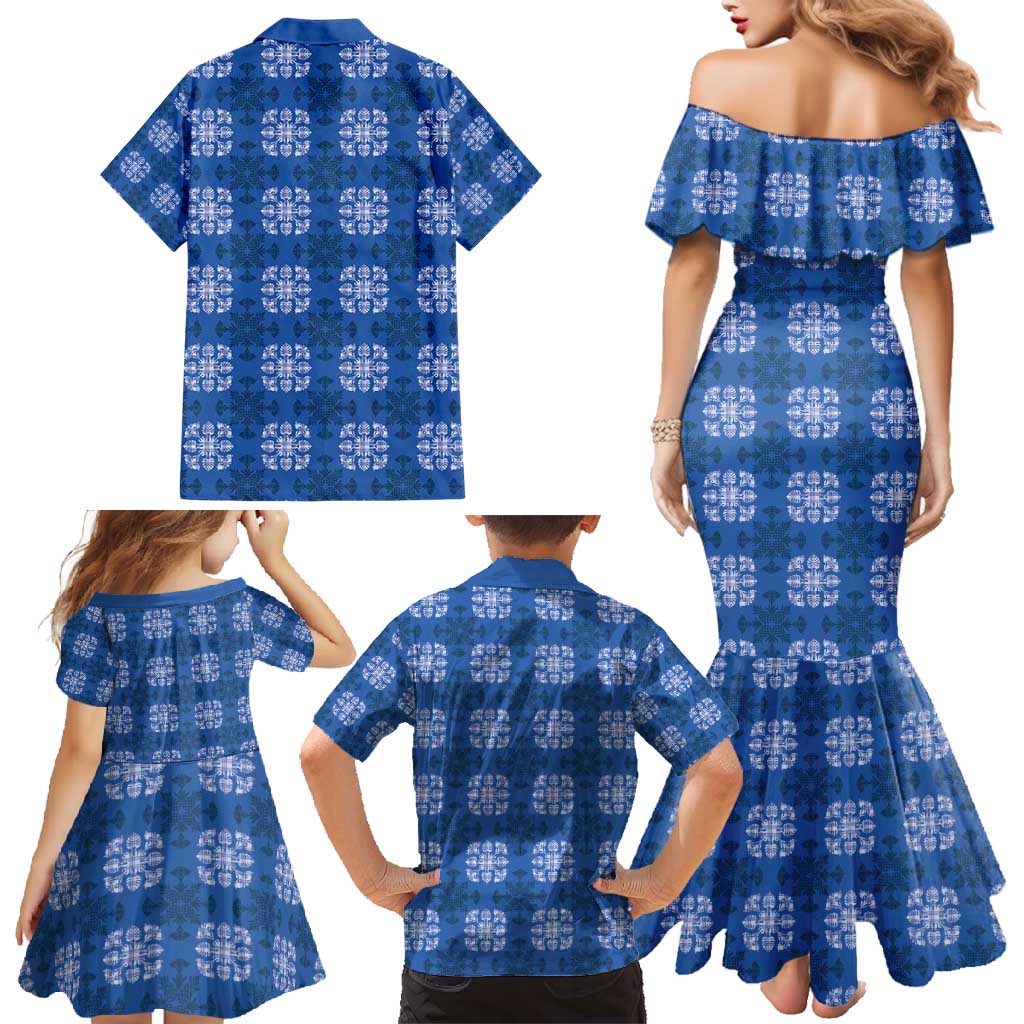 Royal Blue Hawaiian Quilt Family Matching Mermaid Dress and Hawaiian Shirt Hawaii Pineapple Monstera Palaka Motifs - Polynesian Pride