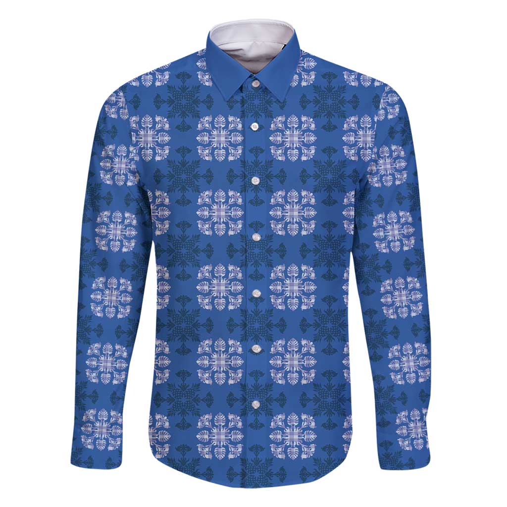 Royal Blue Hawaiian Quilt Family Matching Mermaid Dress and Hawaiian Shirt Hawaii Pineapple Monstera Palaka Motifs - Polynesian Pride