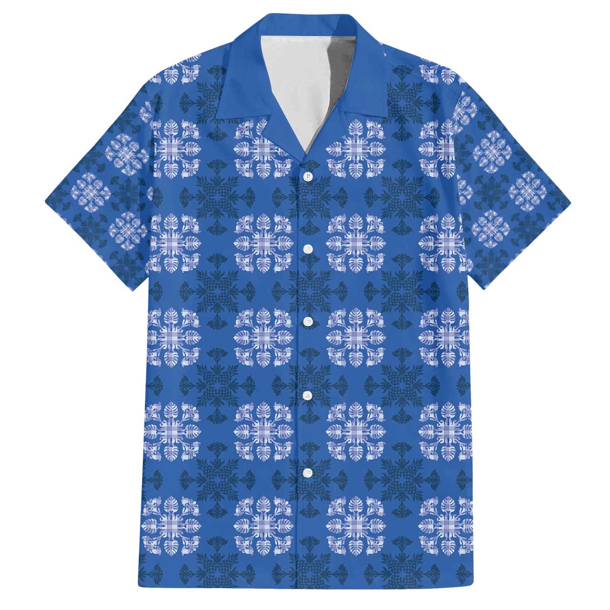 Royal Blue Hawaiian Quilt Family Matching Off The Shoulder Long Sleeve Dress and Hawaiian Shirt Hawaii Pineapple Monstera Palaka Motifs - Polynesian Pride