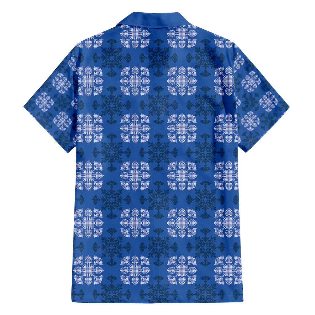 Royal Blue Hawaiian Quilt Family Matching Off Shoulder Short Dress and Hawaiian Shirt Hawaii Pineapple Monstera Palaka Motifs - Polynesian Pride