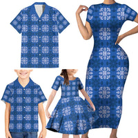 Royal Blue Hawaiian Quilt Family Matching Short Sleeve Bodycon Dress and Hawaiian Shirt Hawaii Pineapple Monstera Palaka Motifs - Polynesian Pride