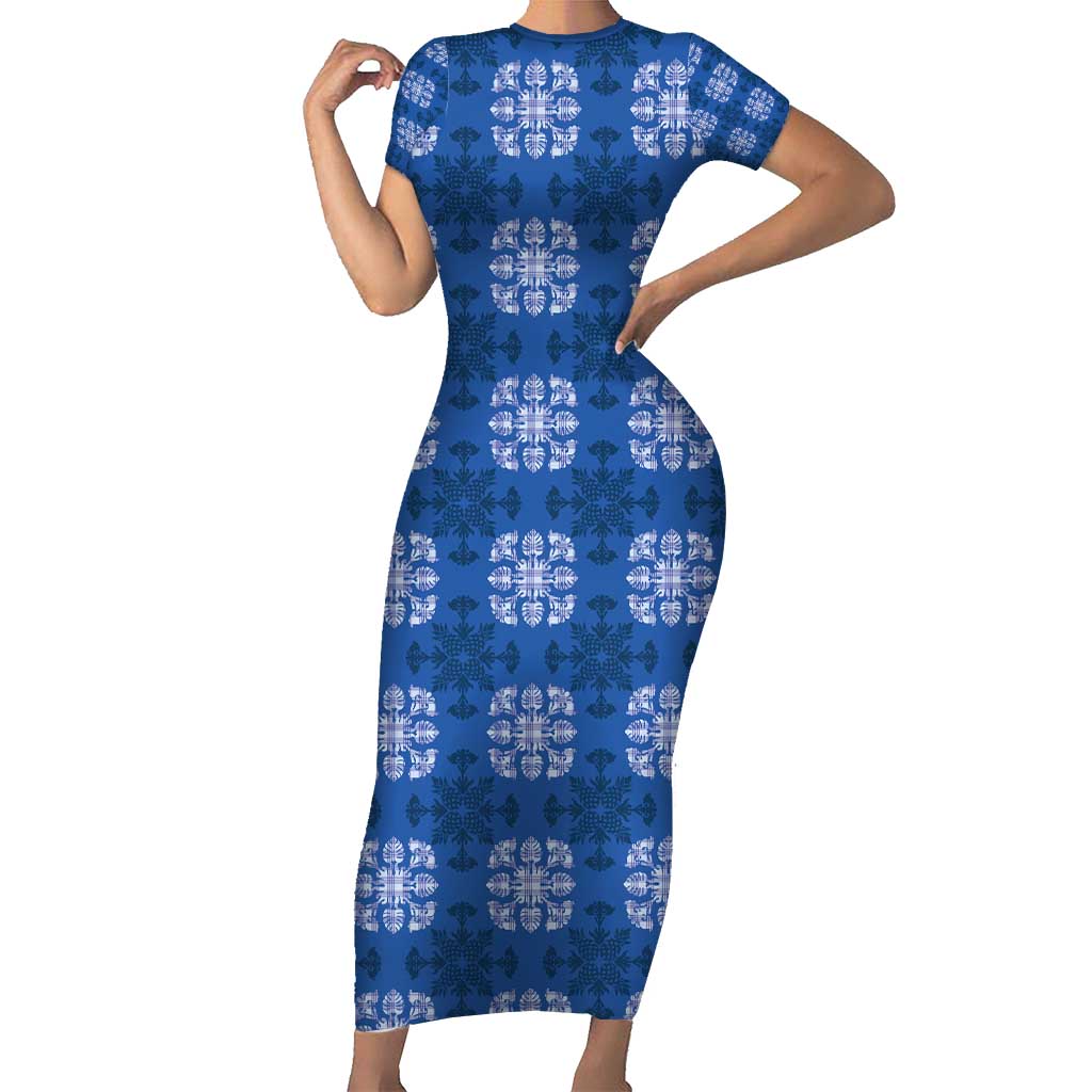 Royal Blue Hawaiian Quilt Family Matching Short Sleeve Bodycon Dress and Hawaiian Shirt Hawaii Pineapple Monstera Palaka Motifs - Polynesian Pride