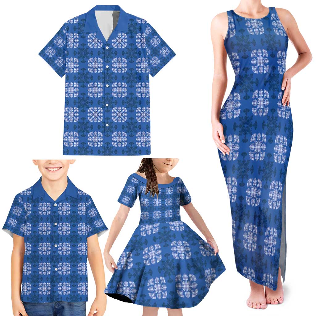 Royal Blue Hawaiian Quilt Family Matching Tank Maxi Dress and Hawaiian Shirt Hawaii Pineapple Monstera Palaka Motifs - Polynesian Pride