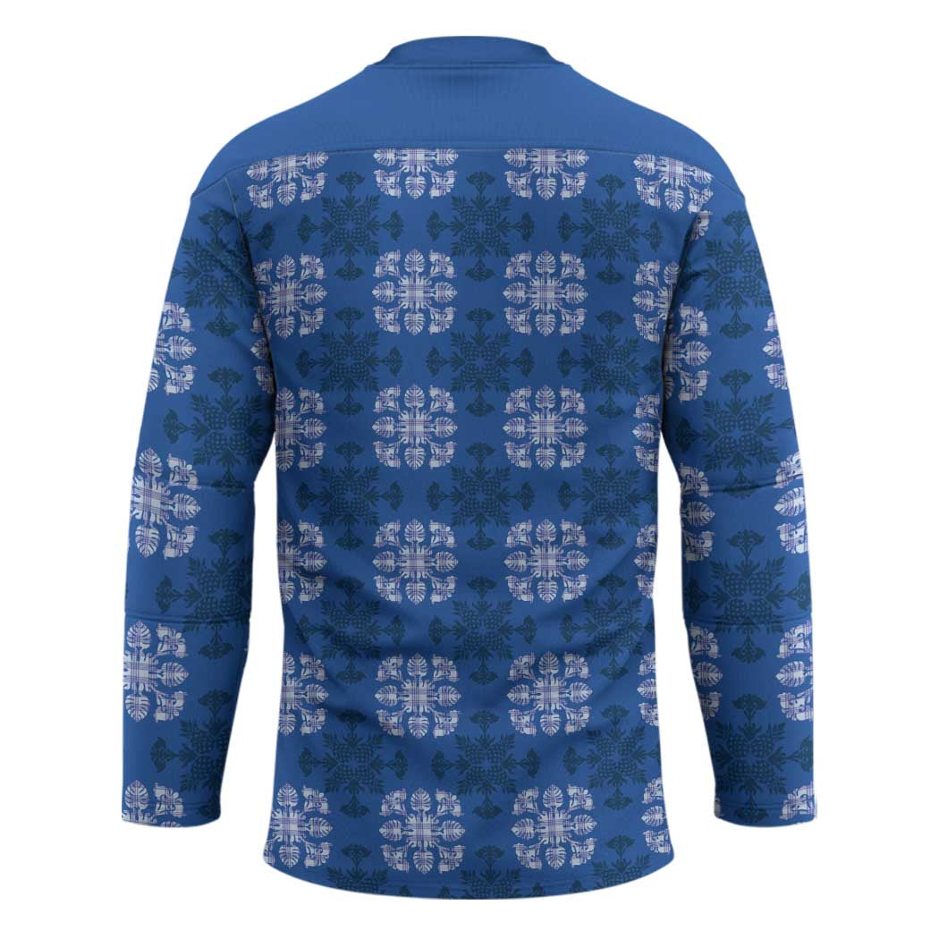 Royal Blue Hawaiian Quilt Hockey Jersey Hawaii Pineapple Monstera Palaka Motifs - Polynesian Pride