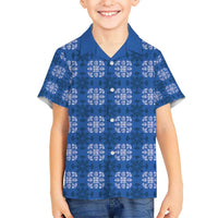 Royal Blue Hawaiian Quilt Kid Hawaiian Shirt Hawaii Pineapple Monstera Palaka Motifs - Polynesian Pride