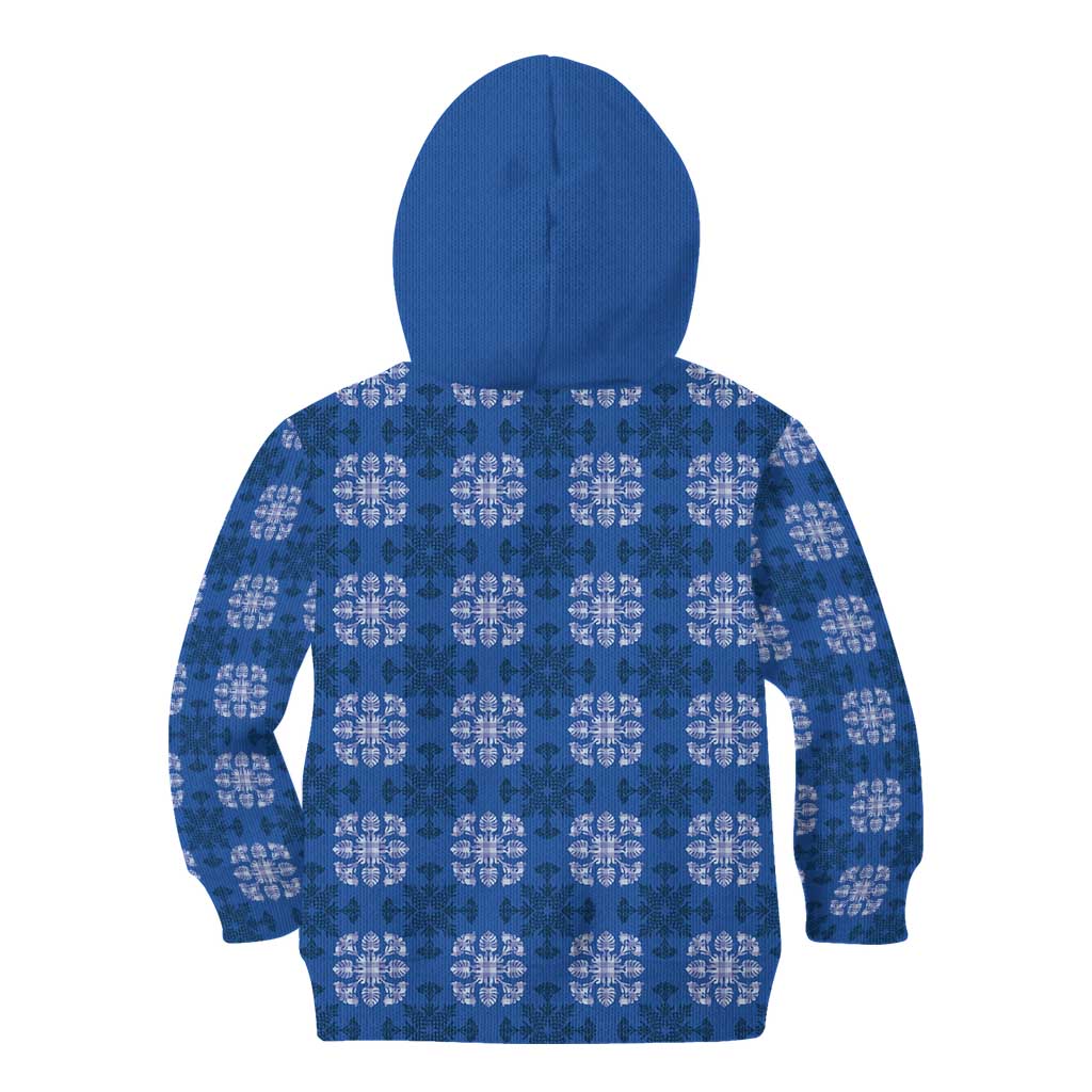 Royal Blue Hawaiian Quilt Kid Hoodie Hawaii Pineapple Monstera Palaka Motifs - Polynesian Pride