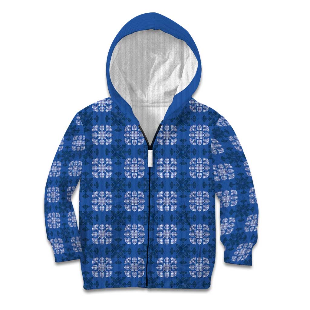 Royal Blue Hawaiian Quilt Kid Hoodie Hawaii Pineapple Monstera Palaka Motifs - Polynesian Pride