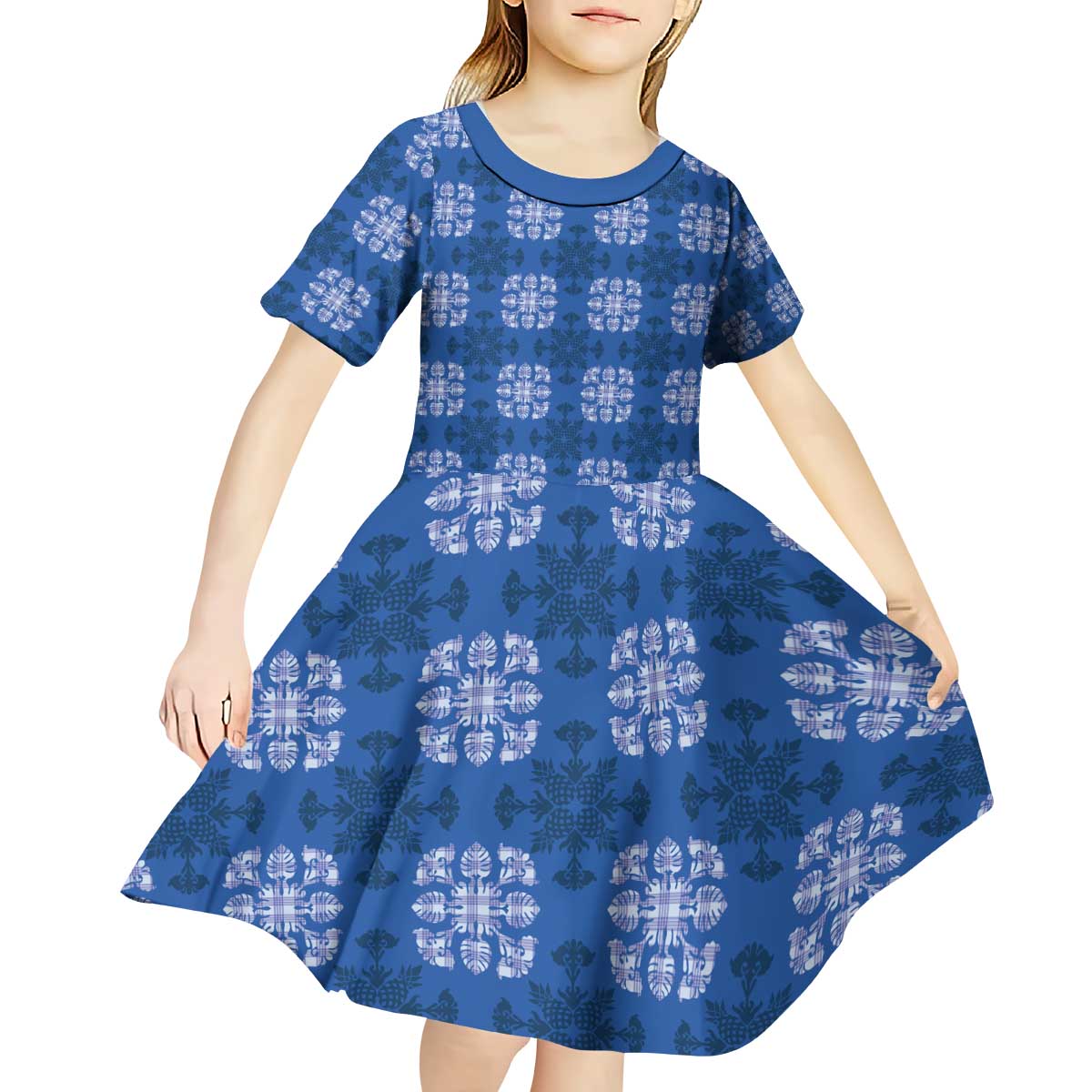 Royal Blue Hawaiian Quilt Kid Short Sleeve Dress Hawaii Pineapple Monstera Palaka Motifs - Polynesian Pride