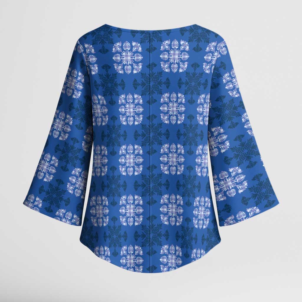 Royal Blue Hawaiian Quilt Kimono Sleeve Blouse Hawaii Pineapple Monstera Palaka Motifs - Polynesian Pride