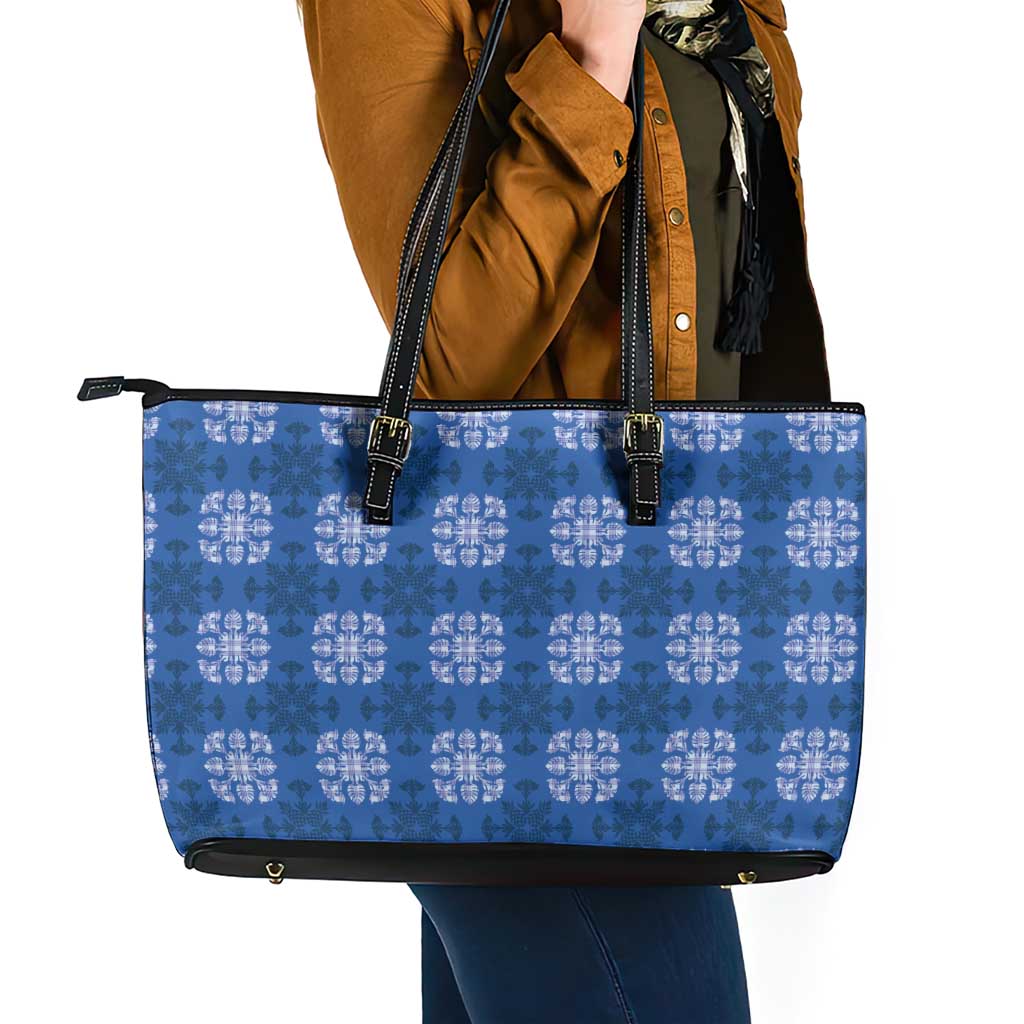 Royal Blue Hawaiian Quilt Leather Tote Bag Hawaii Pineapple Monstera Palaka Motifs - Polynesian Pride