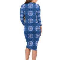Royal Blue Hawaiian Quilt Long Sleeve Bodycon Dress Hawaii Pineapple Monstera Palaka Motifs - Polynesian Pride