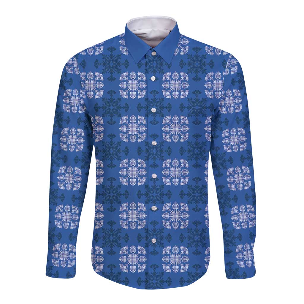 Royal Blue Hawaiian Quilt Long Sleeve Button Shirt Hawaii Pineapple Monstera Palaka Motifs - Polynesian Pride