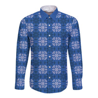 Royal Blue Hawaiian Quilt Long Sleeve Button Shirt Hawaii Pineapple Monstera Palaka Motifs - Polynesian Pride