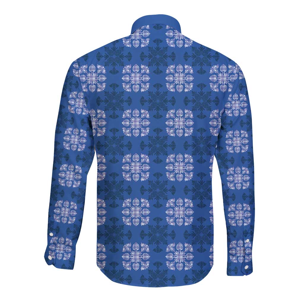 Royal Blue Hawaiian Quilt Long Sleeve Button Shirt Hawaii Pineapple Monstera Palaka Motifs - Polynesian Pride
