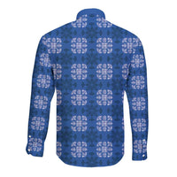 Royal Blue Hawaiian Quilt Long Sleeve Button Shirt Hawaii Pineapple Monstera Palaka Motifs - Polynesian Pride