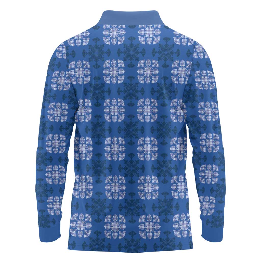 Royal Blue Hawaiian Quilt Long Sleeve Polo Shirt Hawaii Pineapple Monstera Palaka Motifs - Polynesian Pride