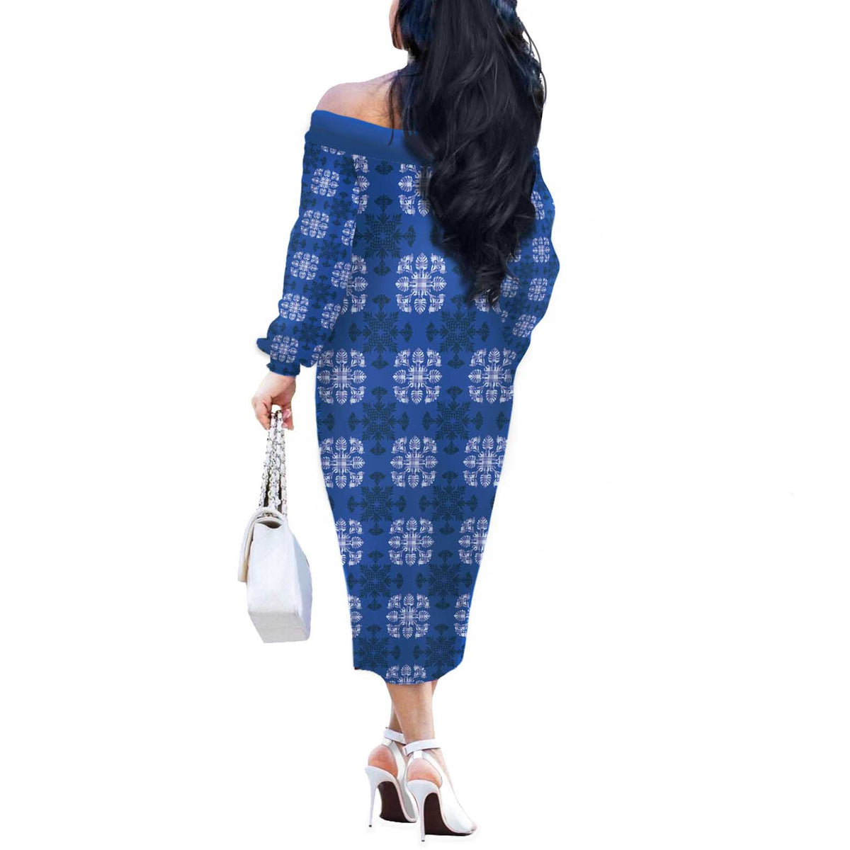 Royal Blue Hawaiian Quilt Off The Shoulder Long Sleeve Dress Hawaii Pineapple Monstera Palaka Motifs - Polynesian Pride