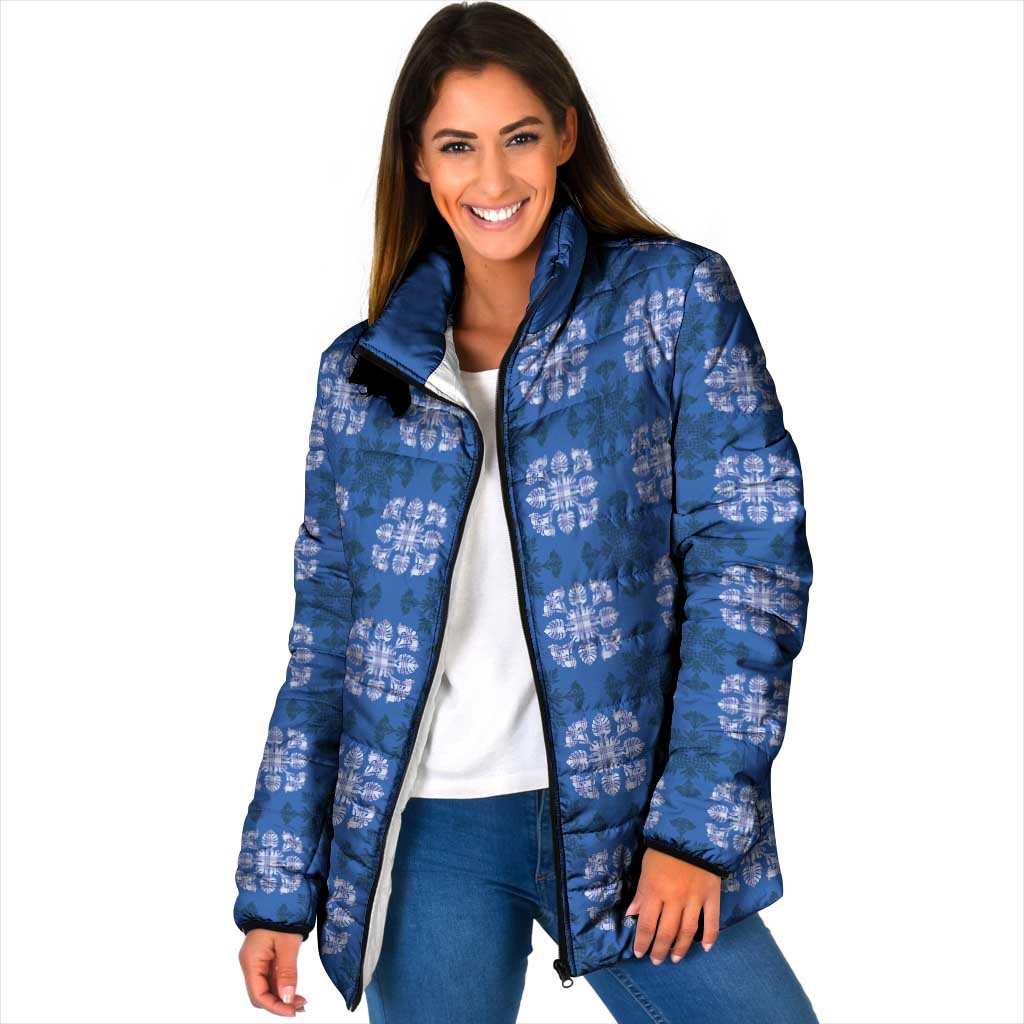 Royal Blue Hawaiian Quilt Padded Jacket Hawaii Pineapple Monstera Palaka Motifs - Polynesian Pride