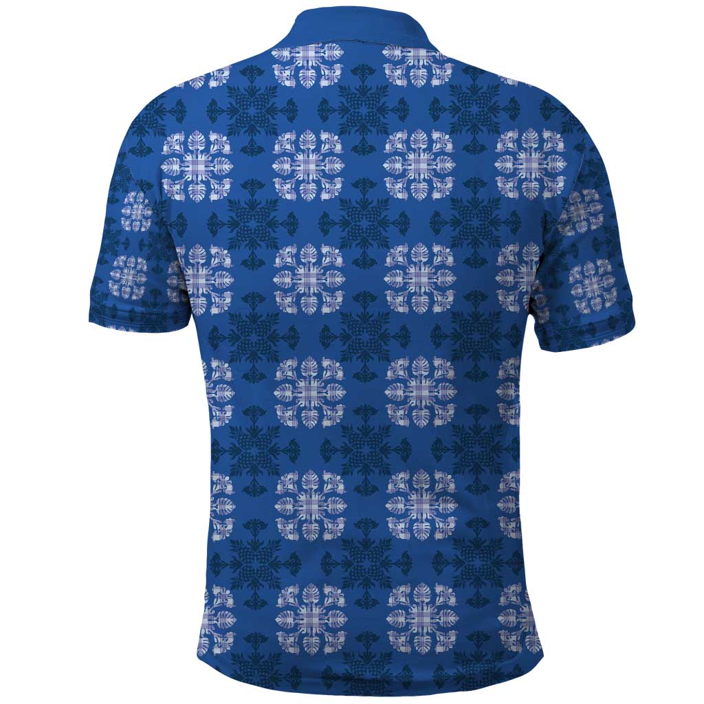 Royal Blue Hawaiian Quilt Polo Shirt Hawaii Pineapple Monstera Palaka Motifs - Polynesian Pride