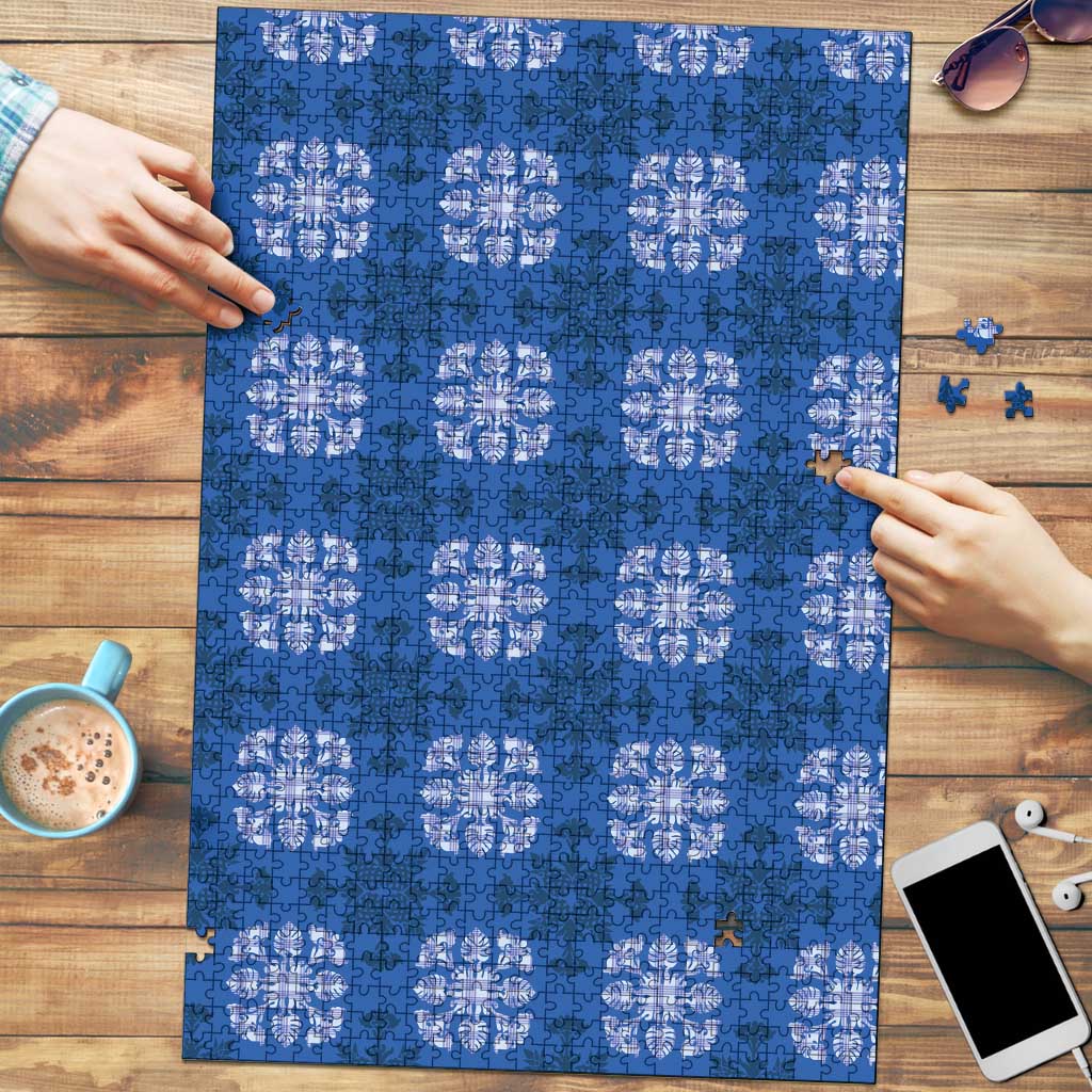Royal Blue Hawaiian Quilt Puzzle Hawaii Pineapple Monstera Palaka Motifs - Polynesian Pride