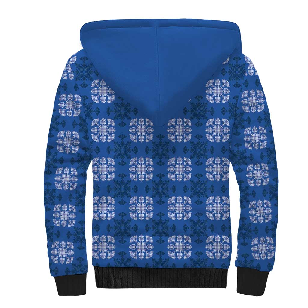 Royal Blue Hawaiian Quilt Sherpa Hoodie Hawaii Pineapple Monstera Palaka Motifs - Polynesian Pride