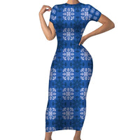 Royal Blue Hawaiian Quilt Short Sleeve Bodycon Dress Hawaii Pineapple Monstera Palaka Motifs - Polynesian Pride