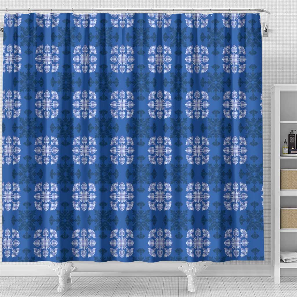 Royal Blue Hawaiian Quilt Shower Curtain Hawaii Pineapple Monstera Palaka Motifs - Polynesian Pride